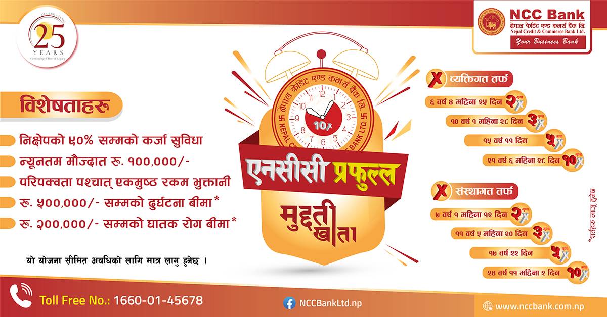 एनसीसी बैंकको ‘एनसीसी प्रफुल्ल मुद्दती खाता योजना’ मा निक्षेपकर्ताले १० गुणासम्म रकम पाउने