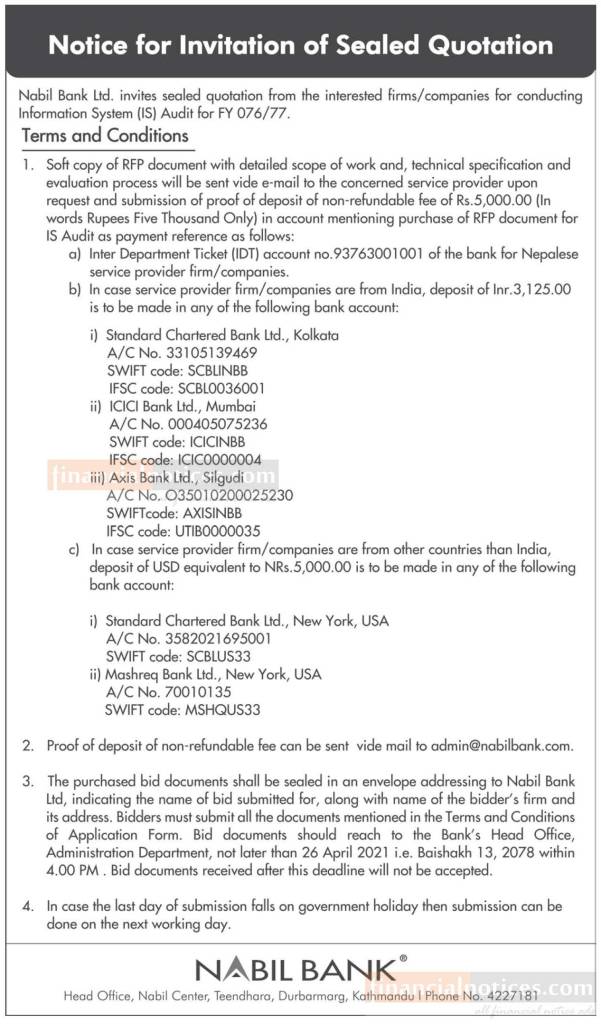 Notice for Invitation of Sealed Quotation Nabil Bank