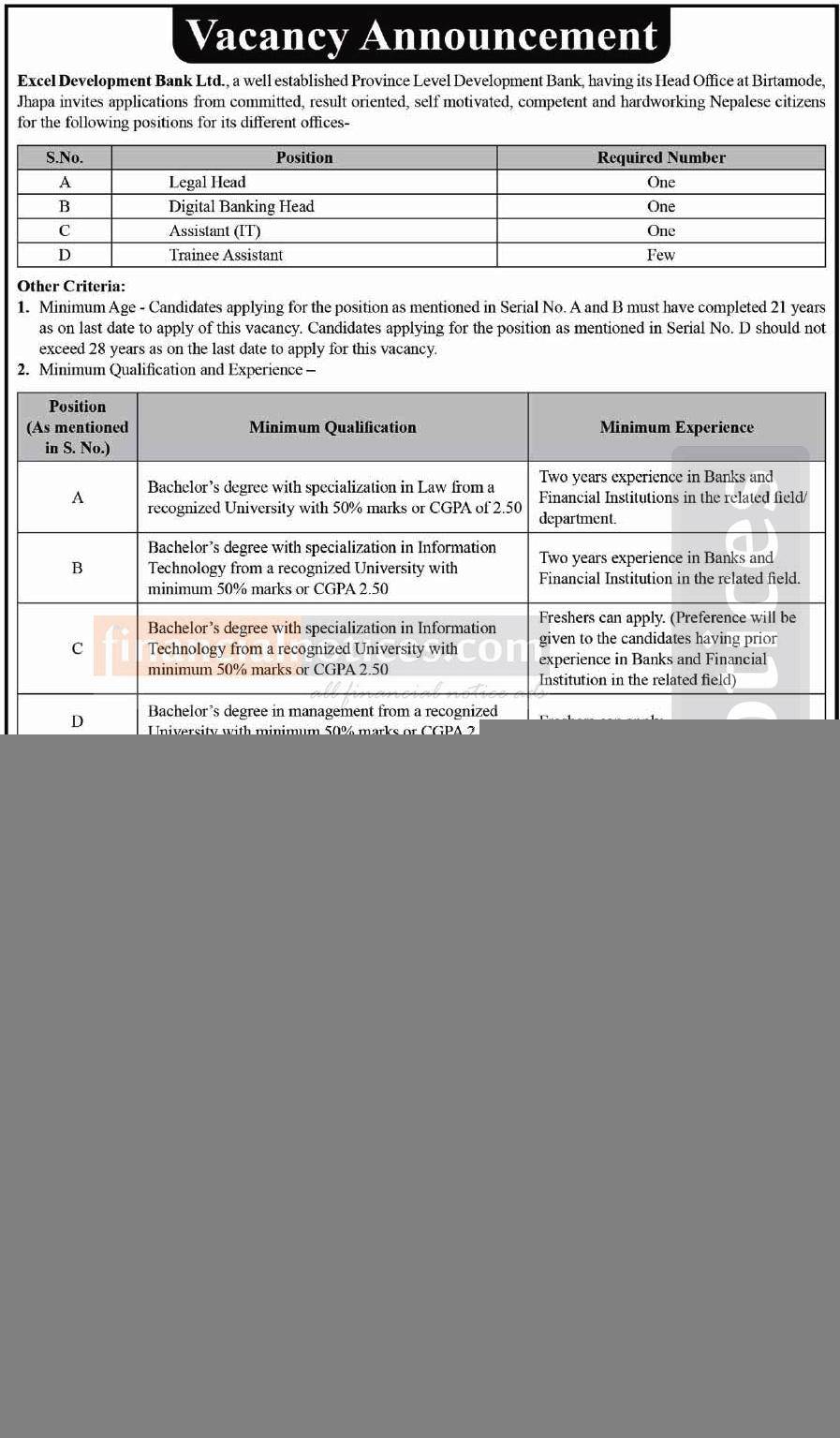 Vacancy Announcement - रोजगारीको अवसर