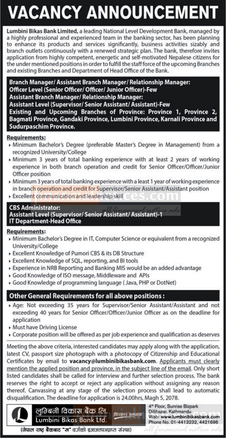 लुम्बिनी  विकास बैंकमा रोजगरीको अवसर - Career -