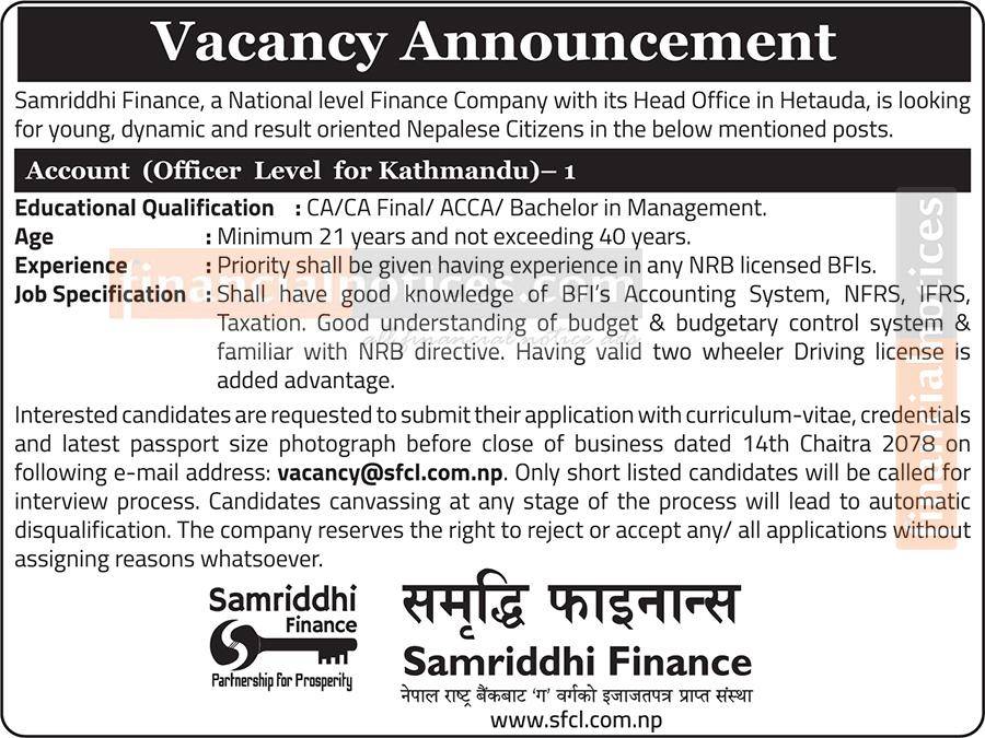 समृद्धि फाइनान्समा जागिर खुल्यो ।