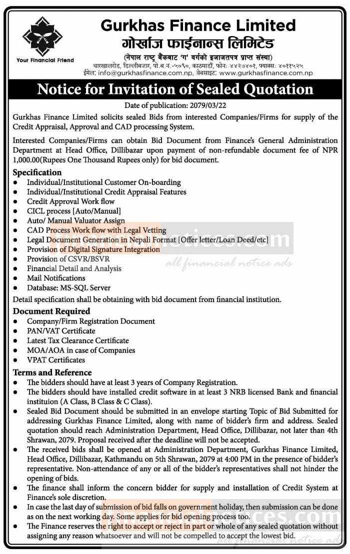 Notice for Invitation for Sealed Quotation Gurkhas Finance