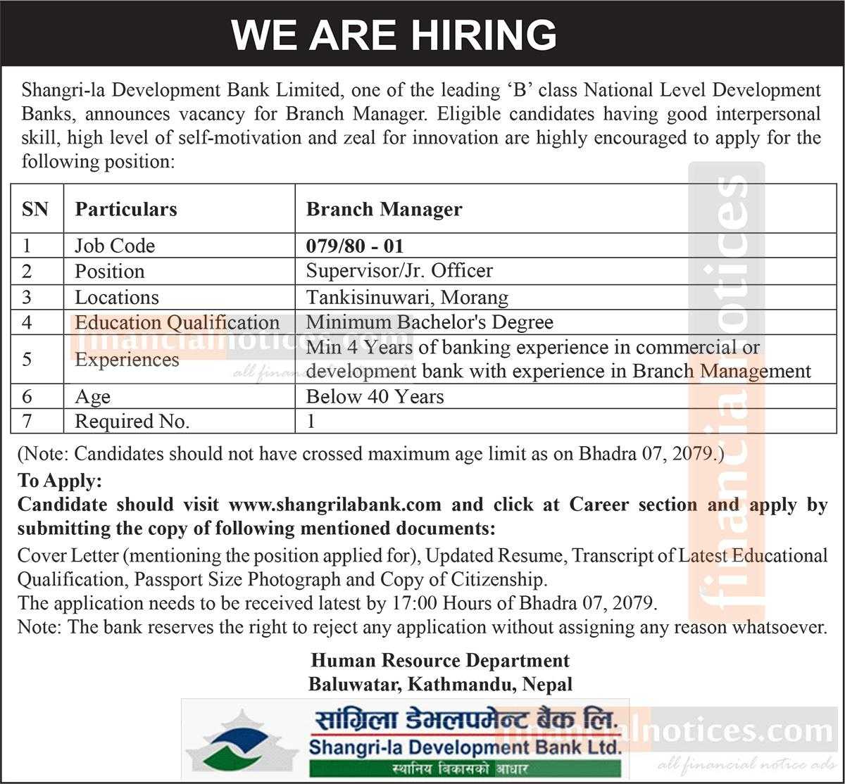 BANKING CAREER OPPORTUNITY Shangri la Dev Bank