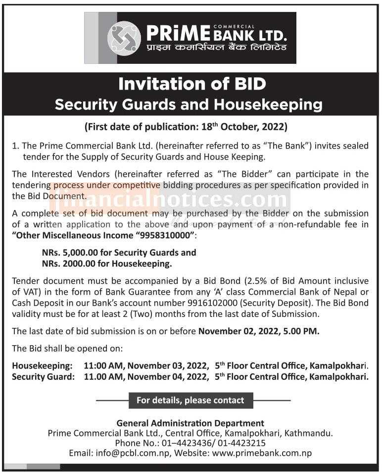 Invitation for Bid Security Guards and Housekeeping Prime Bank
