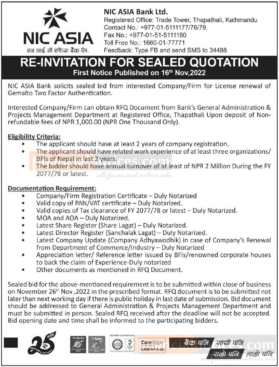 Re-Invitation for Sealed Quotation