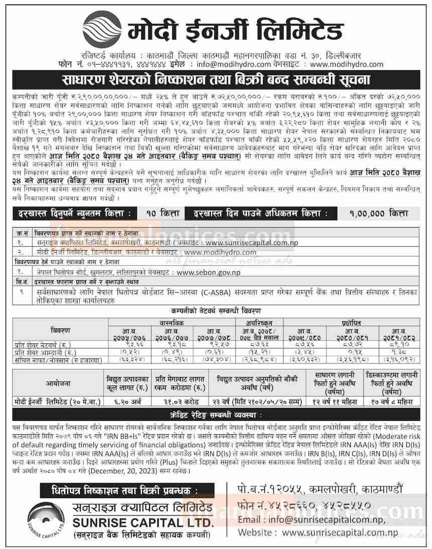 मोदी ईनर्जीको साधारण शेयर (IPO) को निष्काशन तथा बिक्रि बन्द सम्बन्धी सूचना