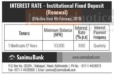 deposit interest fixed rate sanima bank limited published rajdhani 2075 daily