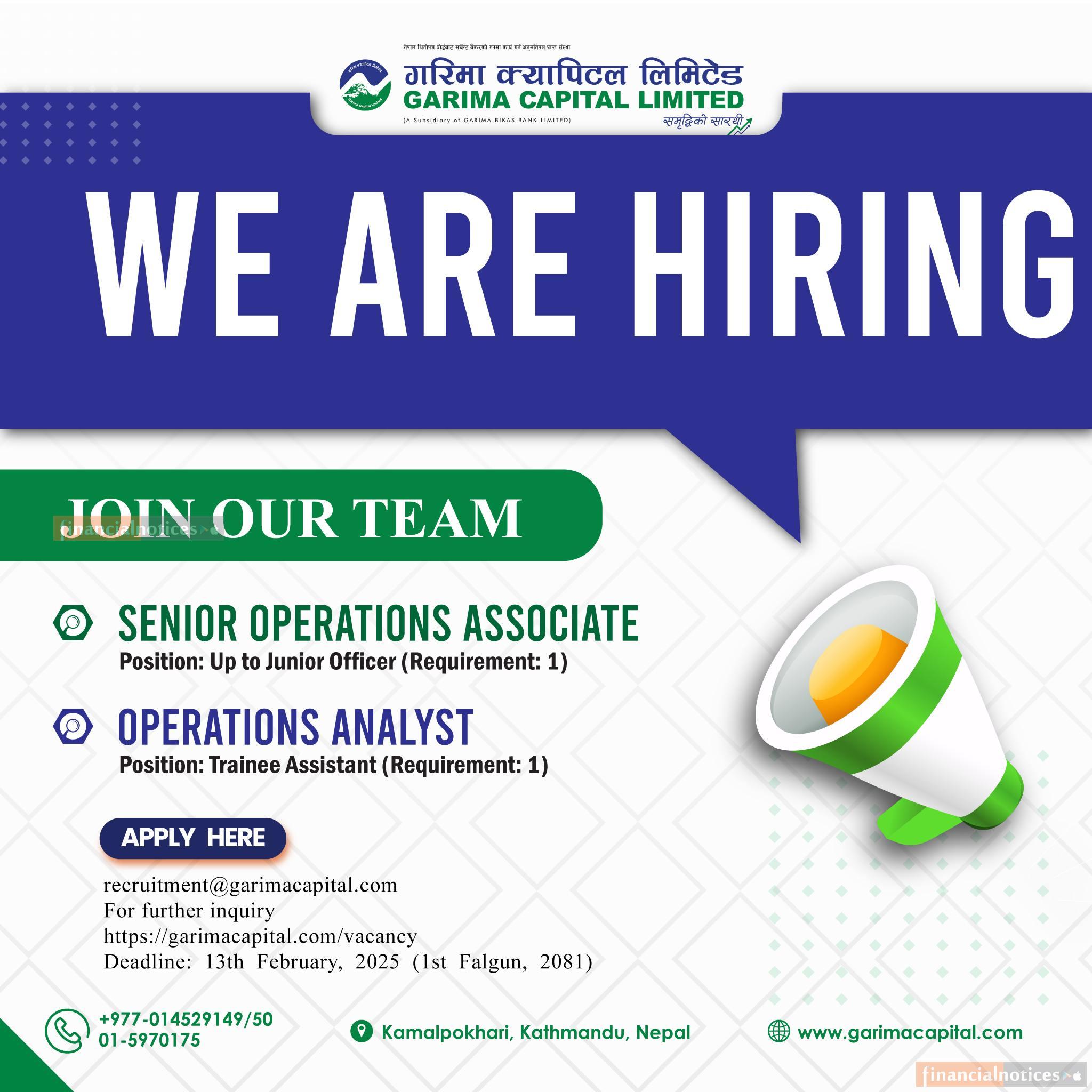 Garima Capital Announces Job Openings for Senior Operations Associate and Operations Analyst
