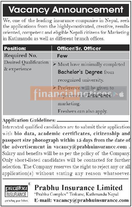 Prabhu Insurance Announces Job Openings for Marketing Officers