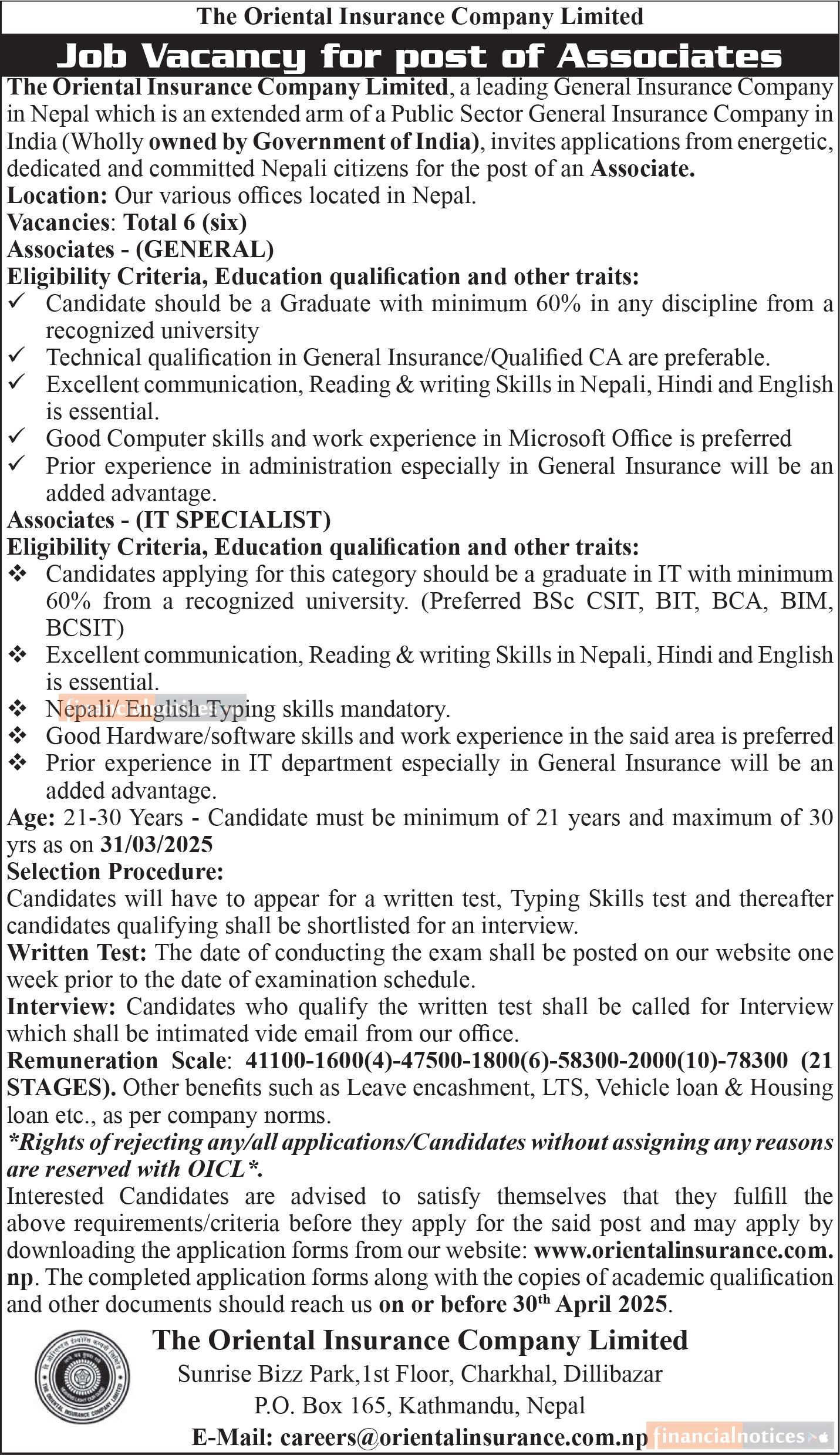 The Oriental Insurance Company Announces Vacancy for Associate Positions Across Nepal