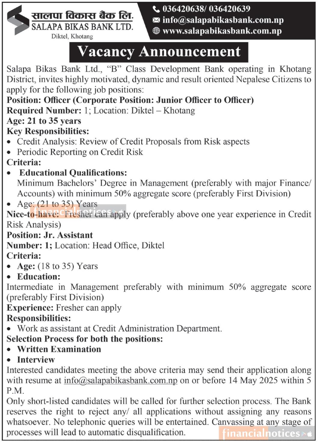 Salapa Bikas Bank Announces Job Opportunities