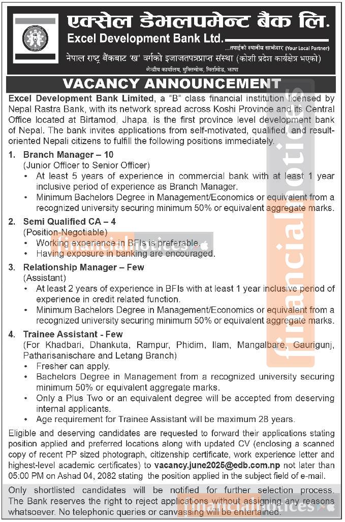 Excel Development Bank Announces Multiple Vacancies Across Koshi Province