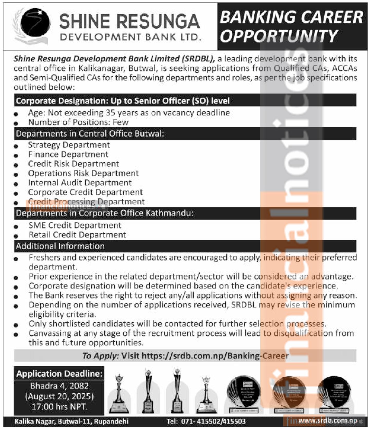 Shine Resunga Development Bank Calls for Applications from CAs and ACCAs