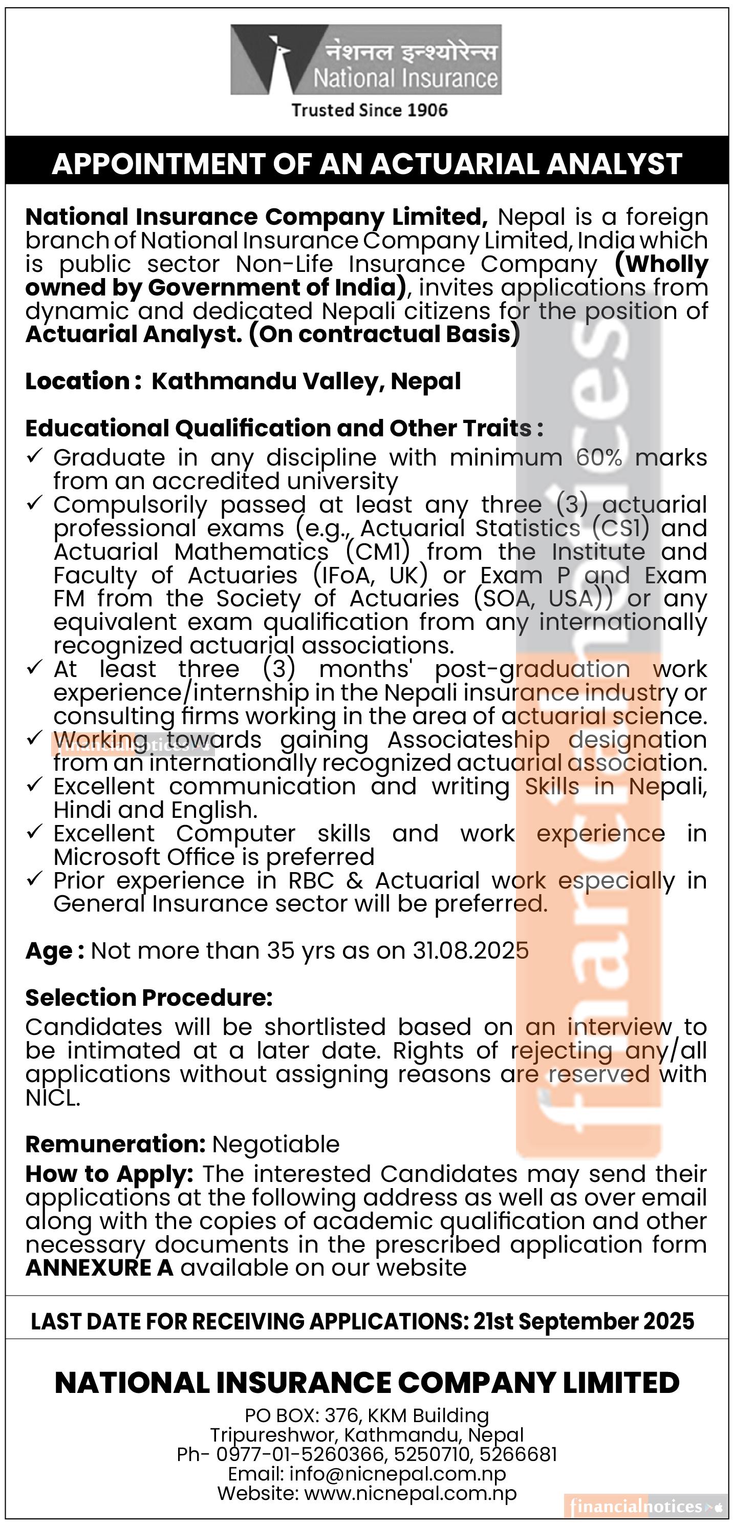 National Insurance Company Calls Applications for Actuarial Analyst Post