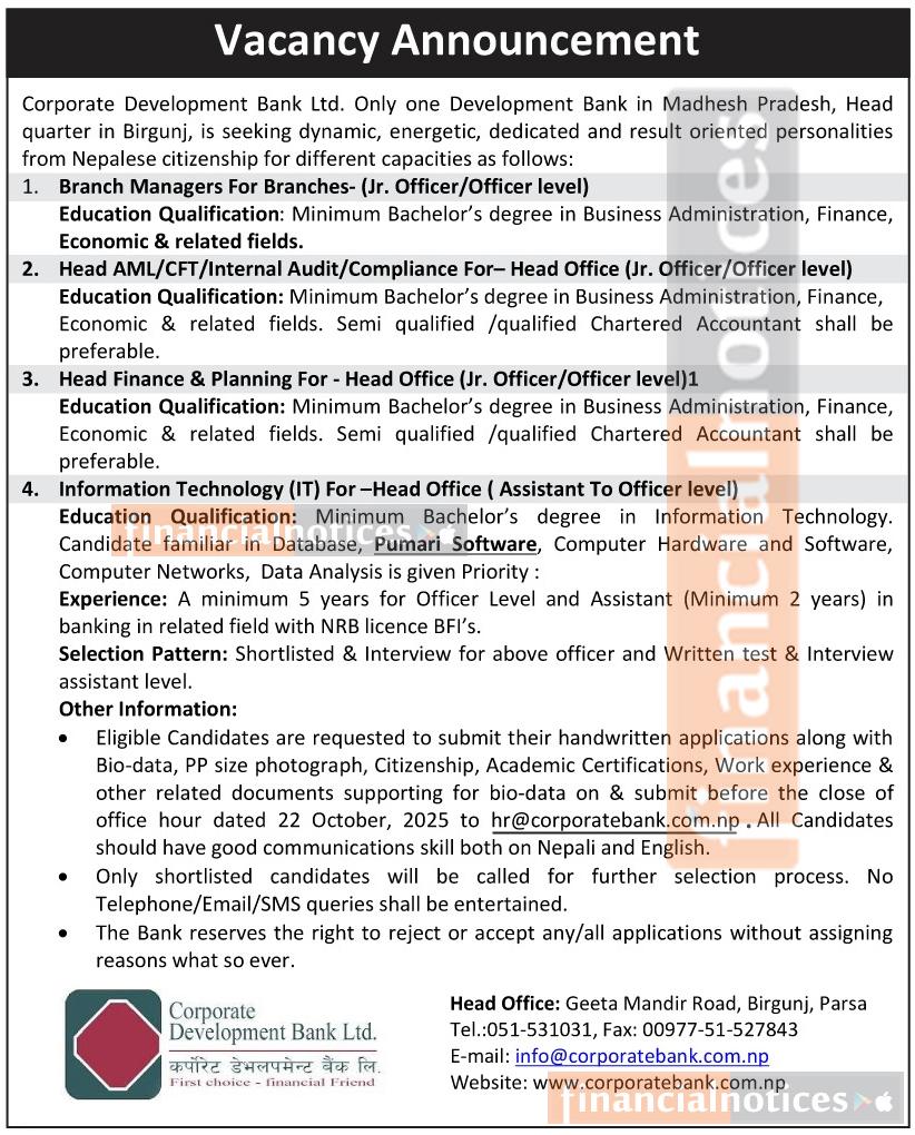 Corporate Development Bank Announces Multiple Job Openings