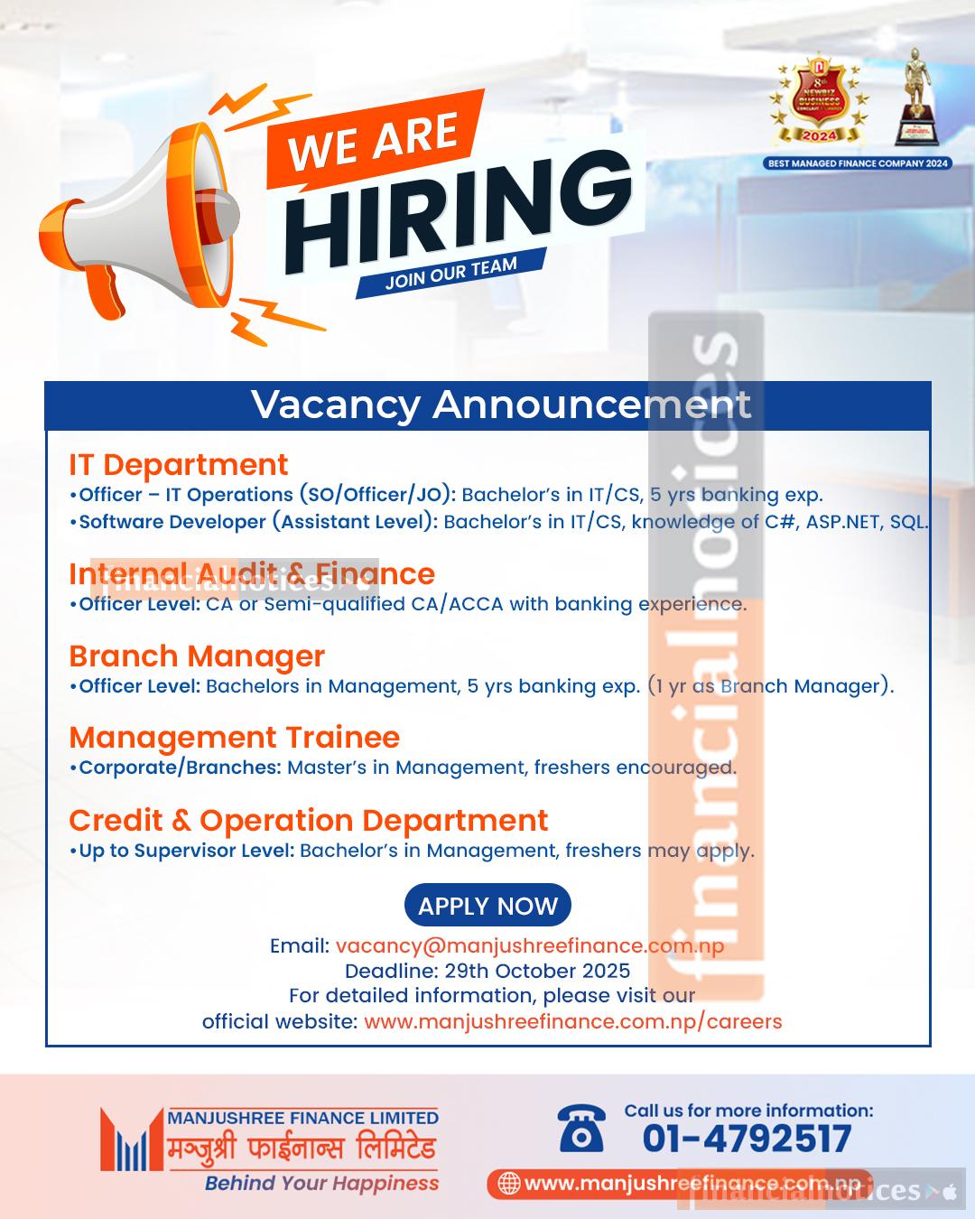 Manjushree Finance Announces Multiple Job Openings Across Departments