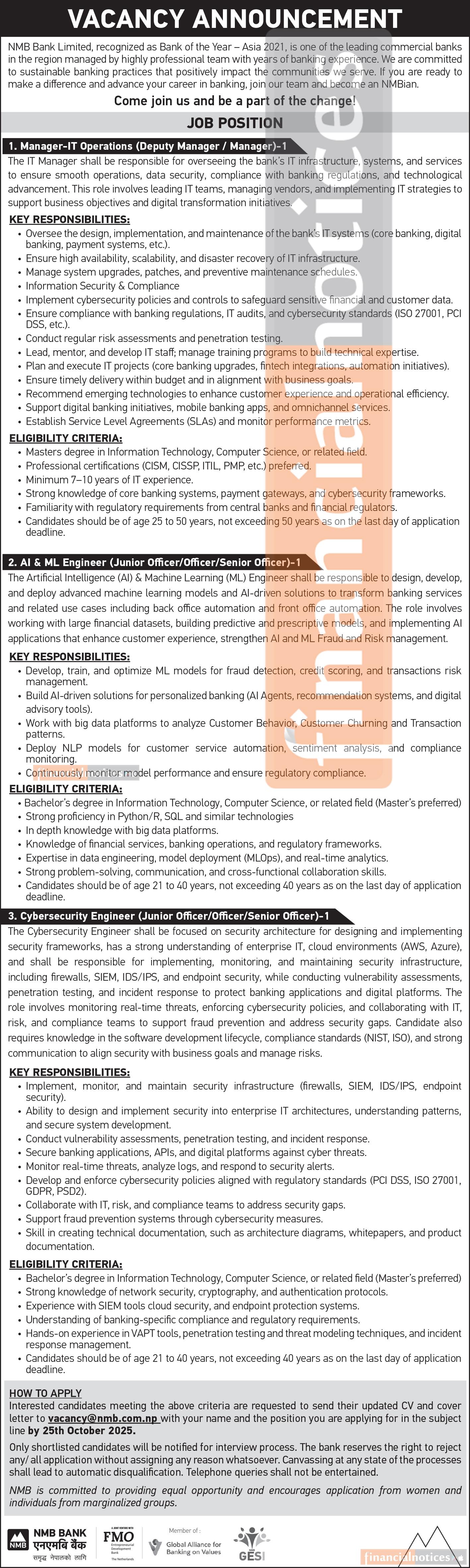 NMB Bank Opens Vacancies for IT, AI, and Cybersecurity Professionals