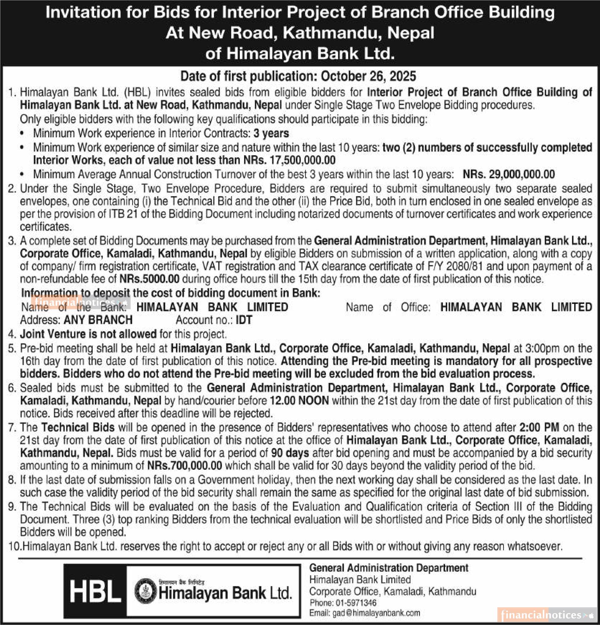 Himalayan Bank Publishes Notice for Interior Works at New Road Branch