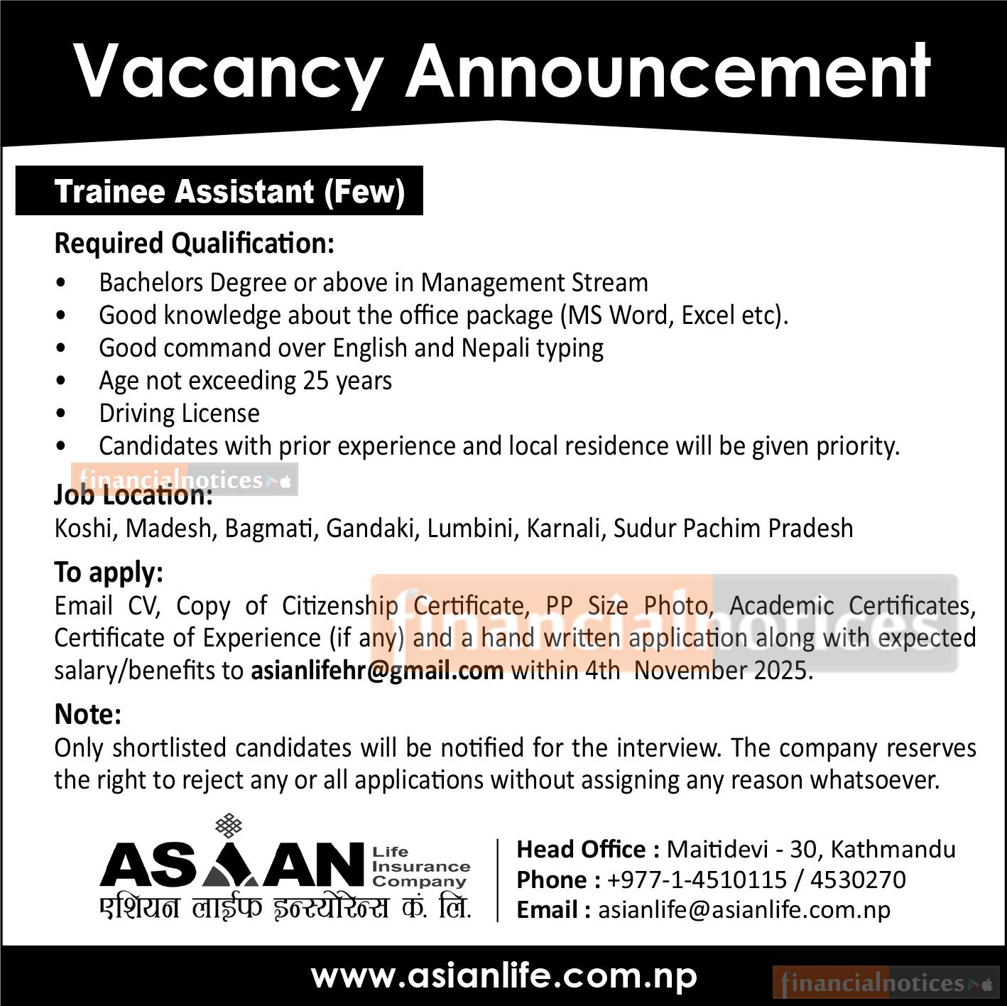 Job Opportunity: Asian Life Insurance Seeks Young Graduates
