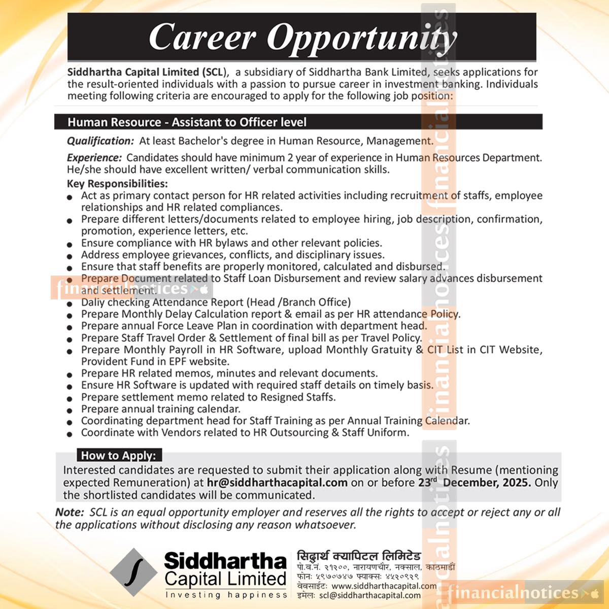 Siddhartha Capital Limited Announces Vacancy for Human Resource Officer  Siddhartha Capital Ltd