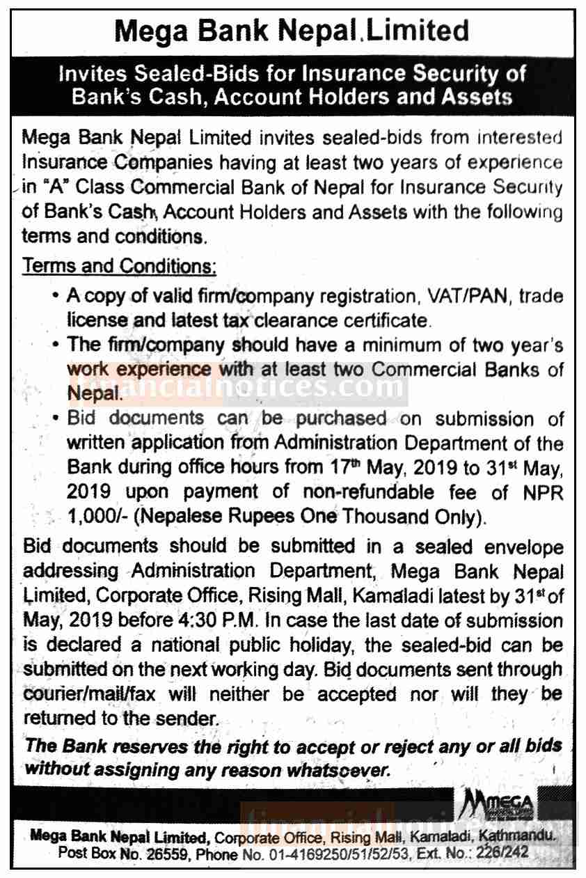 Sealed Bids for Insurance Notice Mega Bank