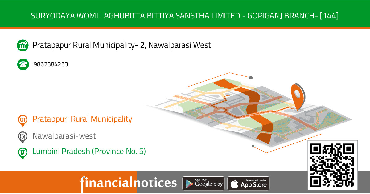 Suryodaya Womi Laghubitta Bittiya Sanstha Limited - GOPIGANJ BRANCH- [144] | Nawalparasi-west - Lumbini Pradesh (Province No. 5)