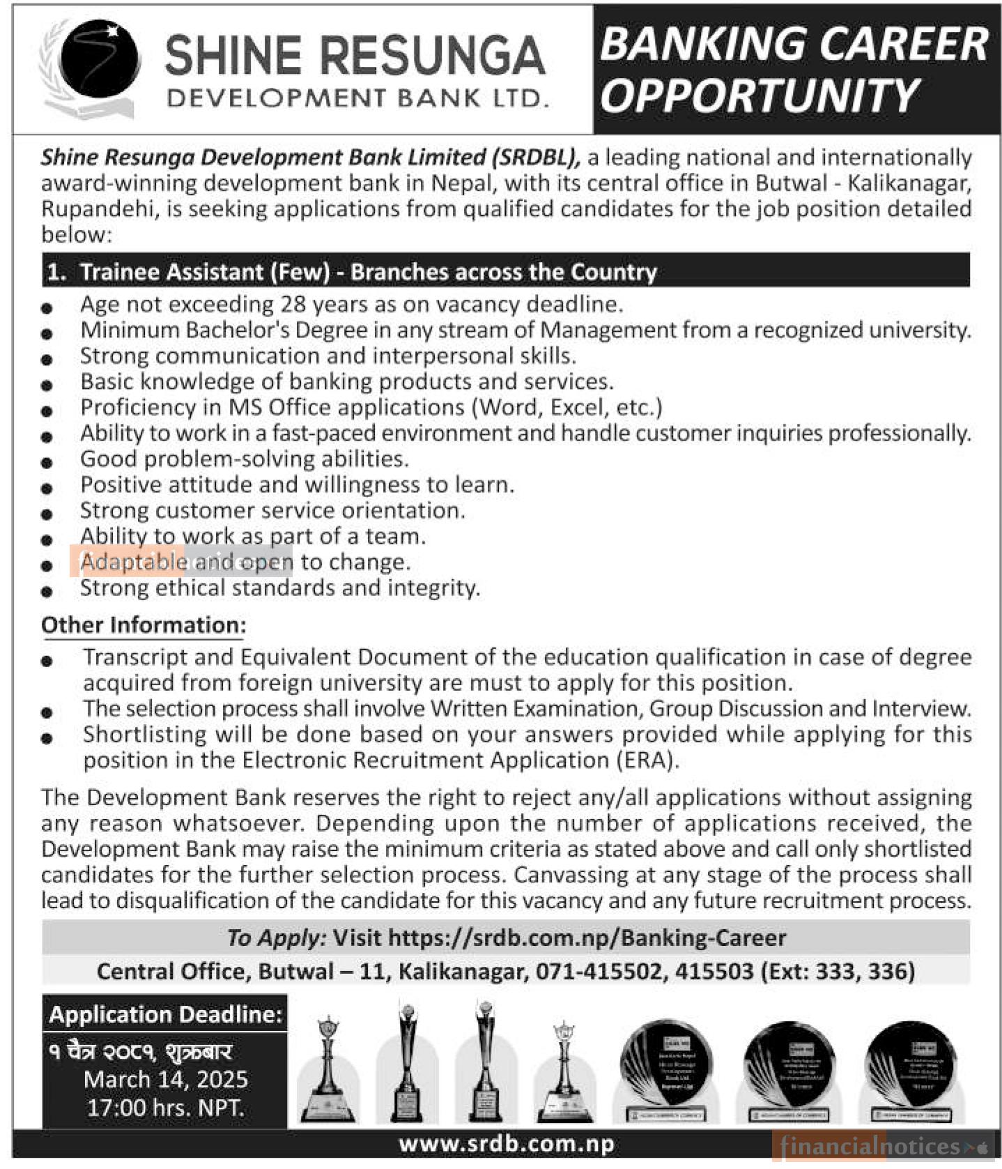 Shine Resunga Development Bank Announces Trainee Assistant Vacancies Across Nepal