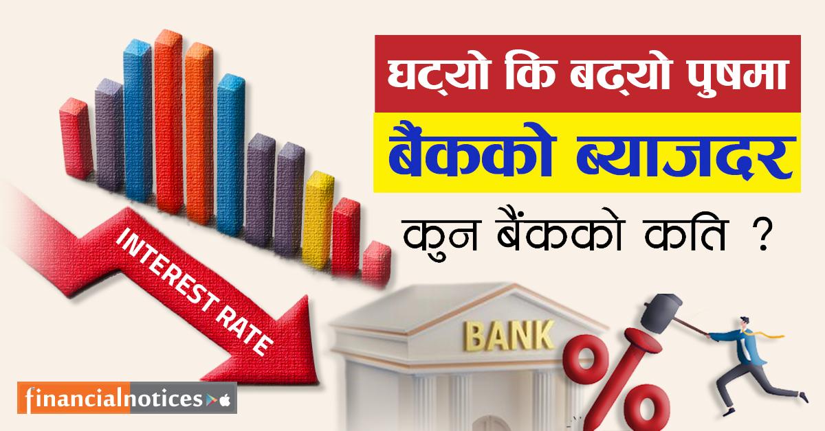 पुष महिनाका लागि कुन बैंककाे ब्याजदर बढ्याे कुन बैंककाे घट्यो ?