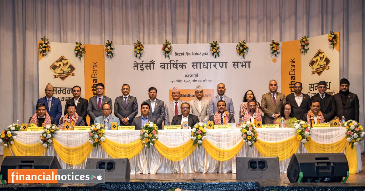 सिद्धार्थ बैंकको वार्षिक साधारण सभा सम्पन्न, ४ प्रतिशत नगद लाभांश पारित