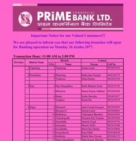 Prime Banking Hours Notice