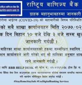 राष्ट्रिय वाणिज्य बैंकको बुधबार खुल्ला रहने शाखा समय