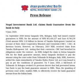 NIBL claims Bank Guarantee from the bank in Italy