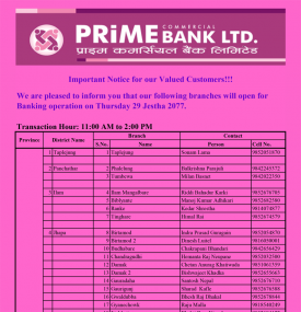 Prime Banking Hours Notice