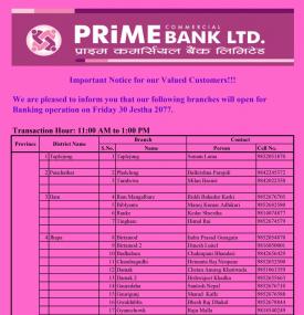 Prime Banking Hours Notice