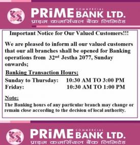 Prime Banking Hours Notice