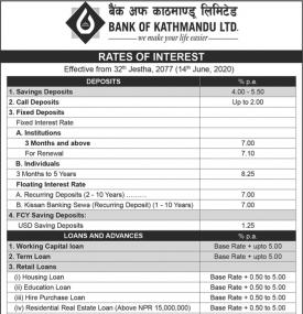 बैंक अफ काठमाडौंको नयाँ व्याजदर सार्वजनिक