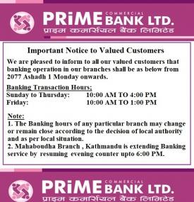 Prime Banking Hours Notice