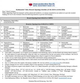 NIBL Branch Opening Schedule (Inside Valley)