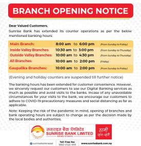 Sunrise बैंकको शाखाहरु खुल्ला रहने सूचना