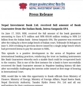 NIBL Received full amount of Bank Guarantee