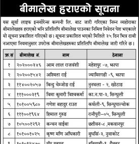 बीमा लेख हराएको सूचना