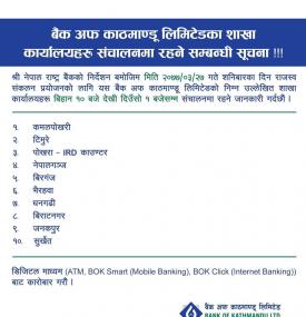 BOK को शनिबार खुल्ला रहने शाखा कार्यालयहरुको सूचना