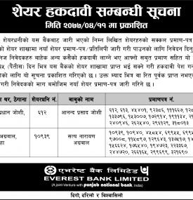 शेयर हकदावी सम्बन्धी सूचना