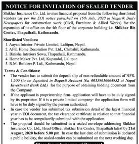 Notice for Invitation of Sealed Tender