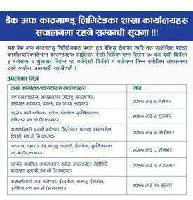 BOK को शाखा कार्यालयहरू खुल्ला रहने सम्बन्धी सूचना !!!