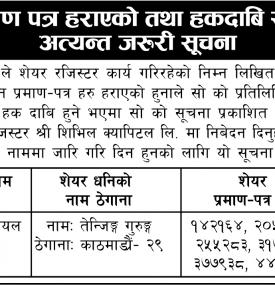 शेयर प्रमाणपत्र हराएको तथा हकदावीको सूचना