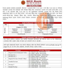 NCC  बैंक लिमिटेडको शाखा कार्यालयहरू खुल्ला रहने सम्बन्धी सूचना !!!
