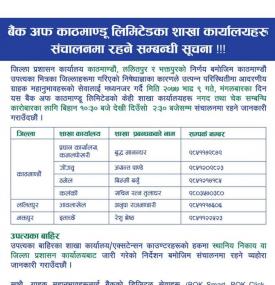 BOK का शाखाहरु सञ्चालन रहने सम्बन्धी सूचना