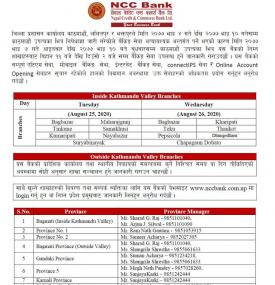 NCC  बैंक लिमिटेडको शाखा कार्यालयहरू खुल्ला रहने सम्बन्धी सूचना !!!