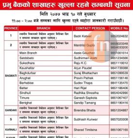प्रभु बैंककोे खुल्ला रहने शाखाहरु सम्बन्धी सूचना